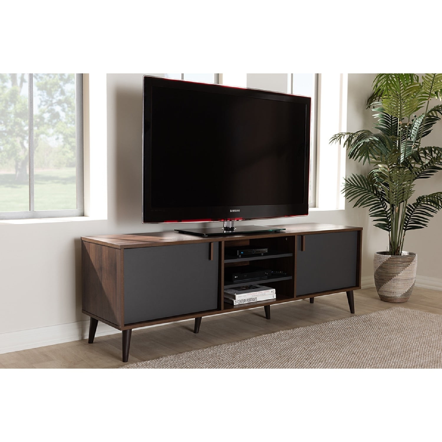 Samuel Walnut Brown and Dark Gray Mid-Century TV Stand with Cabinets