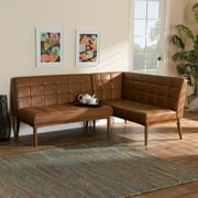 Baxton Studio Sanford 2 Piece Mid Century Faux Leather Dining Nook Banquette Set, Walnut Brown
