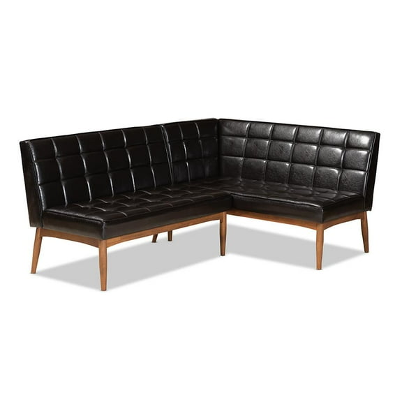 Baxton Studio Sanford Mid-Century Modern Dark Brown Faux Leather Upholstered and Walnut Brown Finished Wood 2-Piece Dining Nook Banquette Set