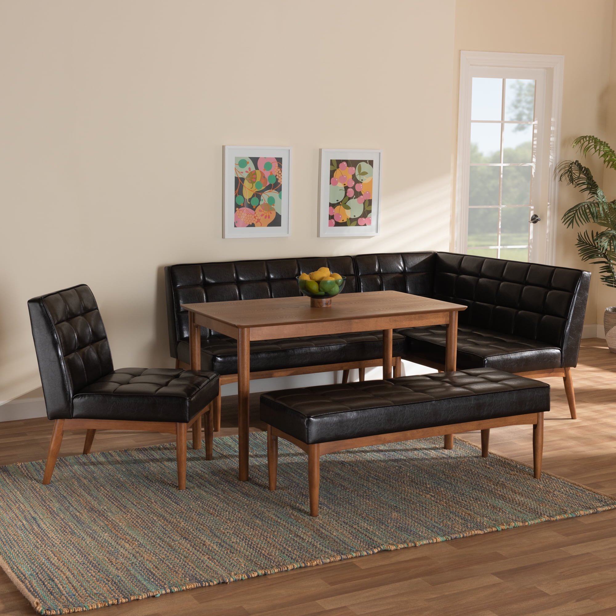 Baxton Studio Sanford Mid-Century Modern Dark Brown Faux Leather Upholstered and Walnut Brown Finished Wood 5-Piece Dining Nook Set
