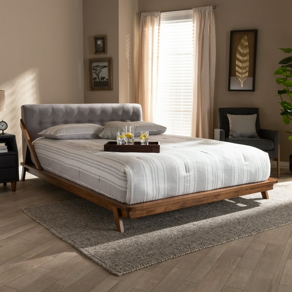 Baxton Studio Sante Queen Size Platform Bed with Button Tufted Headboard, Grey and Walnut Brown