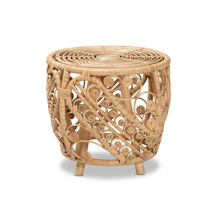 Bohemian Natural Rattan Round End Table with Geometric Accents