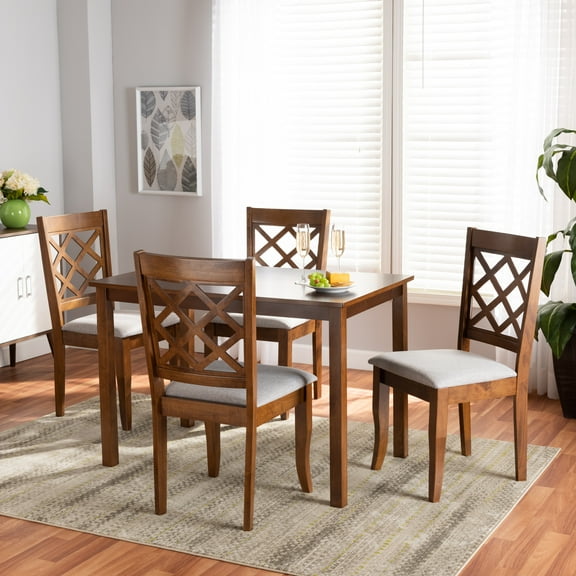 Baxton Studio Sari Modern and Contemporary Grey Fabric Upholstered and Walnut Brown Finished Wood 5-Piece Dining Set