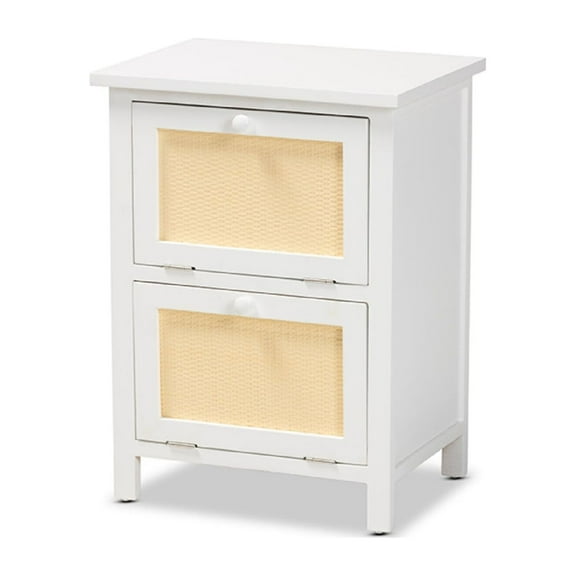 Baxton Studio Sariah Mid-Century Modern White Finished Wood and Rattan 2-Door Nightstand,Wholesale Interiors