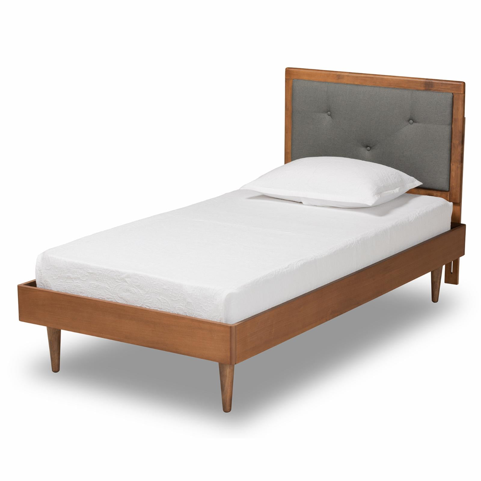 Twin Walnut Brown and Dark Gray Upholstered Platform Bed