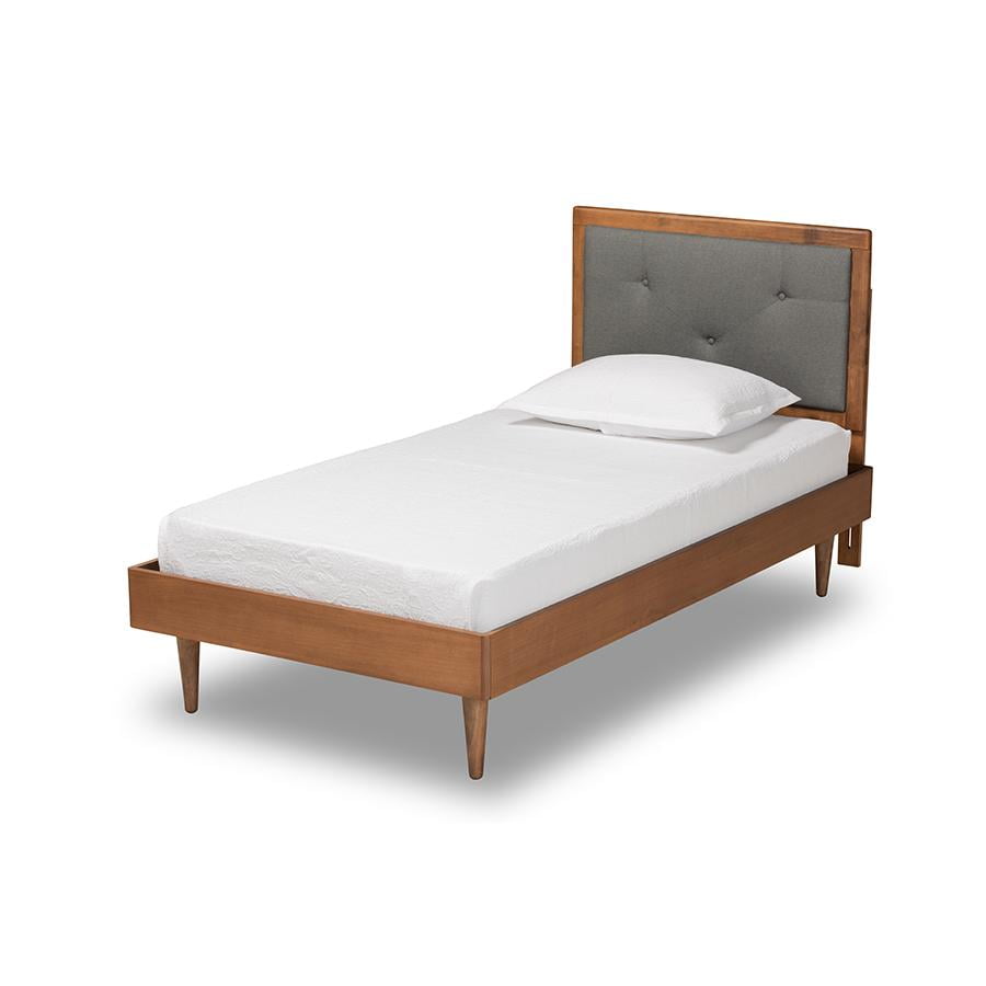 Twin Walnut Brown and Dark Gray Upholstered Platform Bed