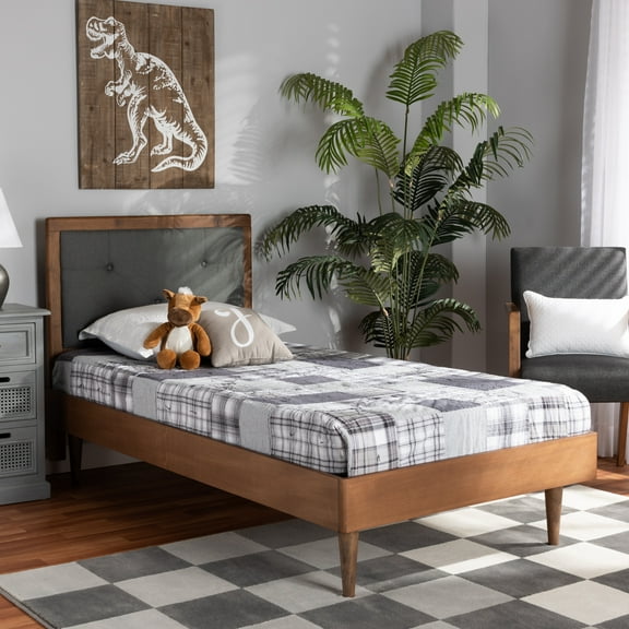 Baxton Studio Saul Mid-Century Modern Dark Grey Fabric Upholstered and Walnut Brown Finished Wood Twin Size Platform Bed