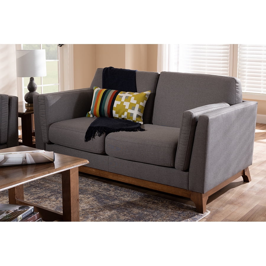 Sava Gray Fabric Upholstered Walnut Wood 2-Seater Loveseat