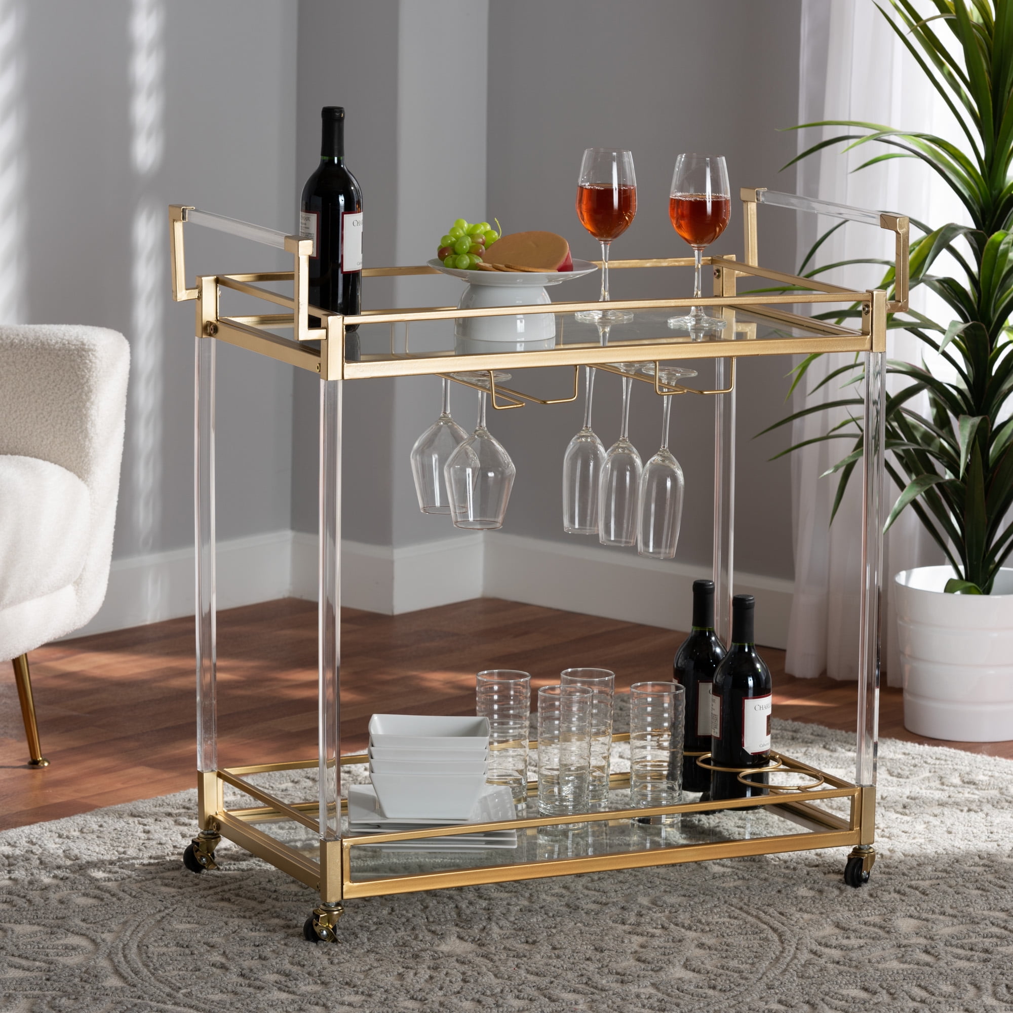Baxton Studio Savannah Contemporary Glam and Luxe Gold Metal and Glass Wine Cart