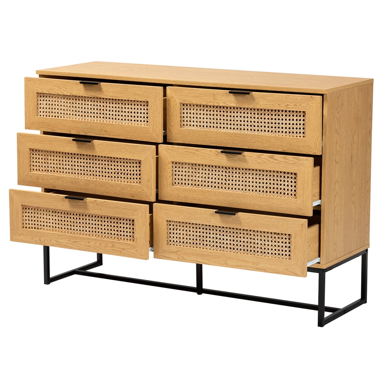 Sawyer Oak Brown and Black Metal Mid-Century Modern Chest of Drawers