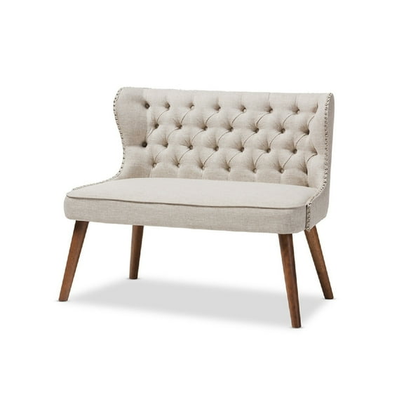 Baxton Studio Scarlett Mid-Century Modern Brown Wood and Light Beige Fabric Upholstered Button-Tufting with Nail Heads Trim 2-Seater Loveseat Settee