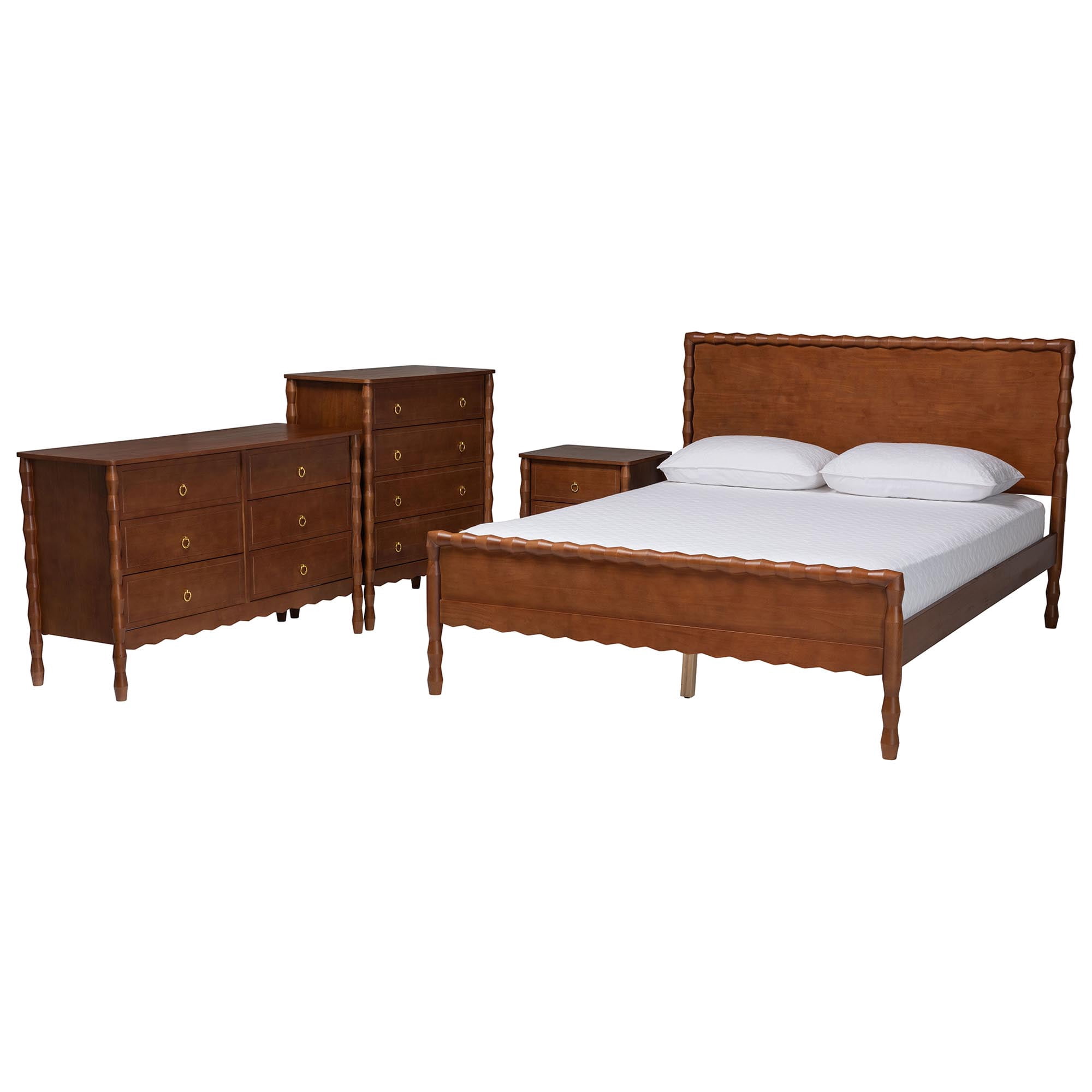 Baxton Studio Seamus Mid-Century Modern Bedroom Set, 4-Piece Set, Queen, Walnut Brown