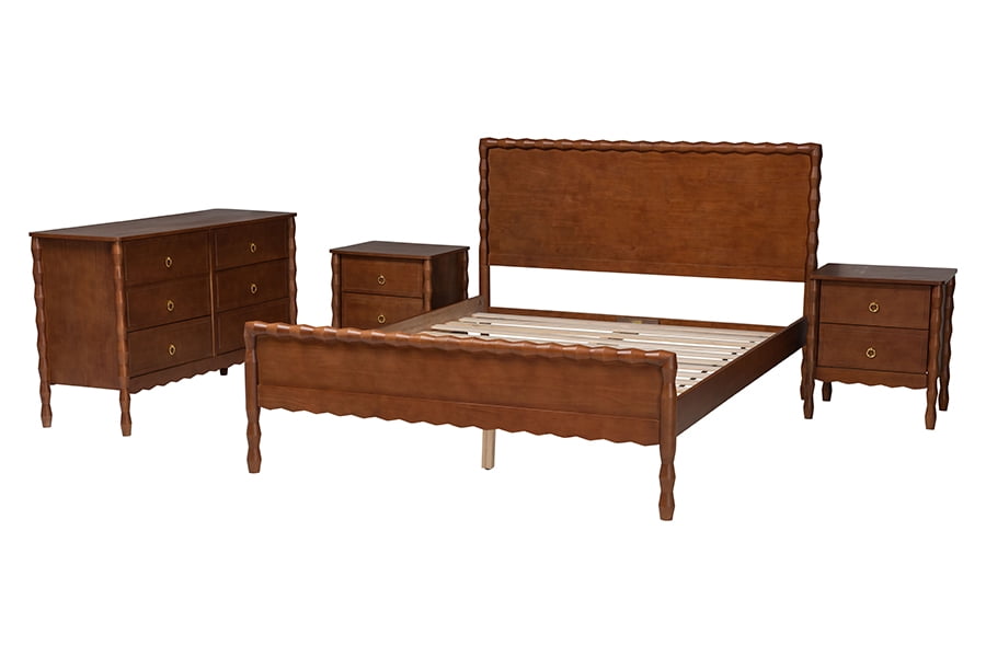 Baxton Studio Seamus Mid-Century Modern Bedroom Set, 4-Piece Set with Two Nightstands, Queen, Walnut Brown