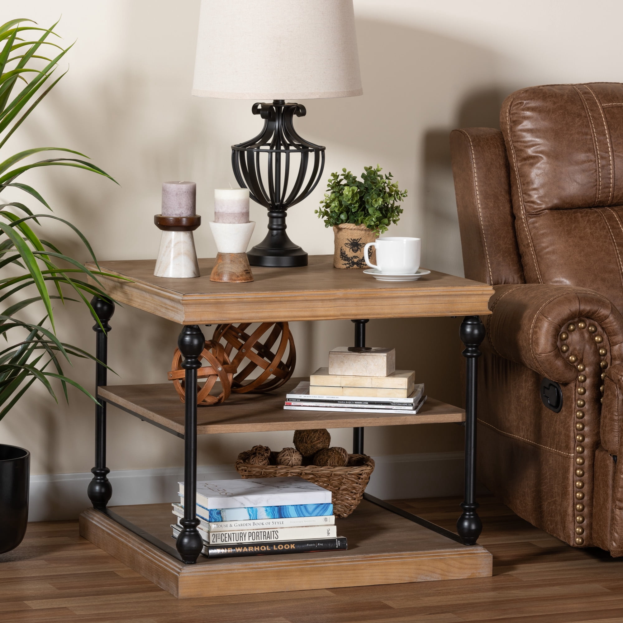 Baxton Studio Sebastian Traditional Industrial Greywashed Wood and Black Metal 3-Tier End Table