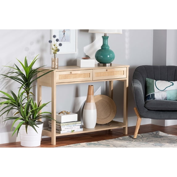 Baxton Studio Sebille Mid-Century Modern Light Brown Finished Wood 2-Drawer Console Table with Natural Rattan