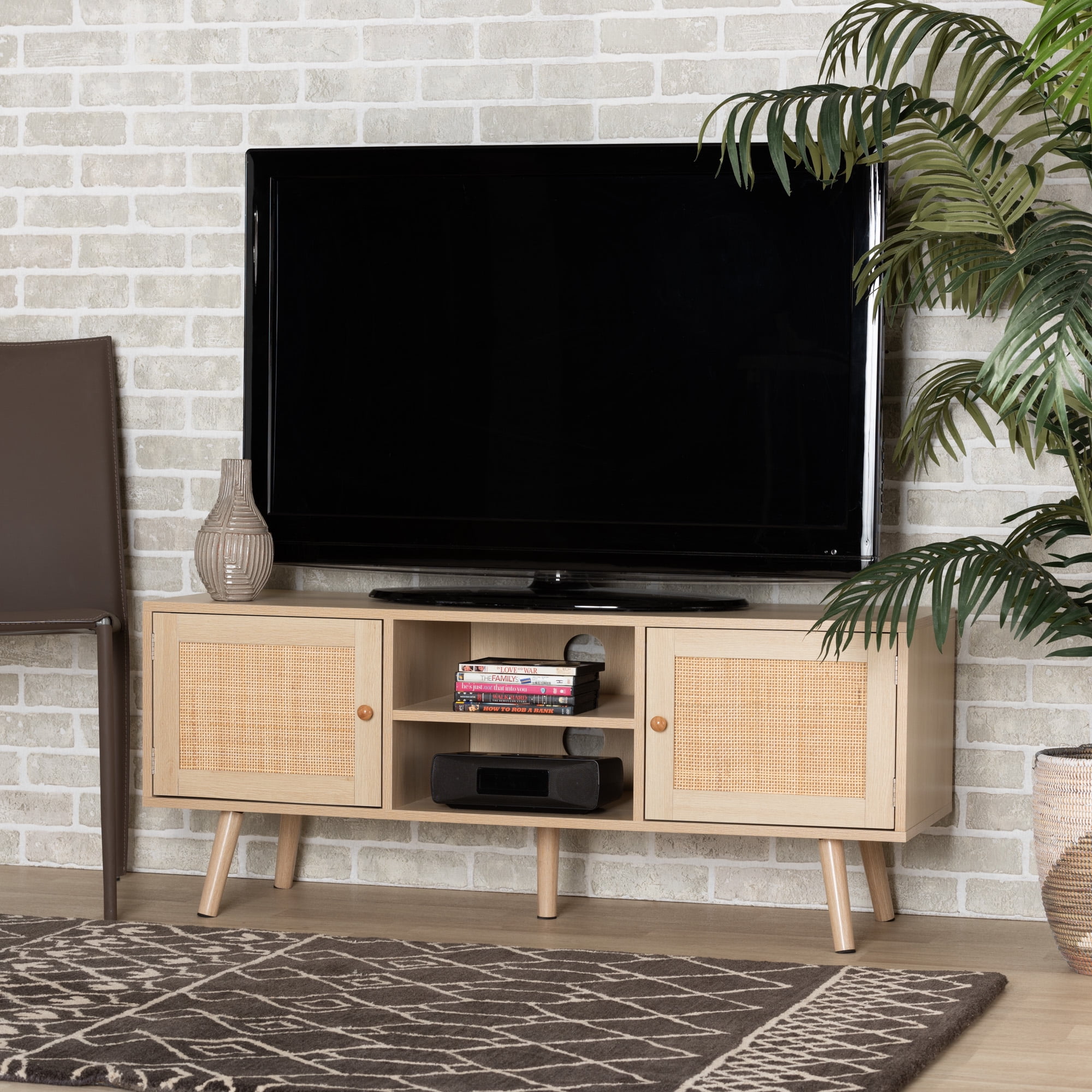 Baxton Studio Sebille TV Stand with 2 Doors for TVs up to 50", Light Brown