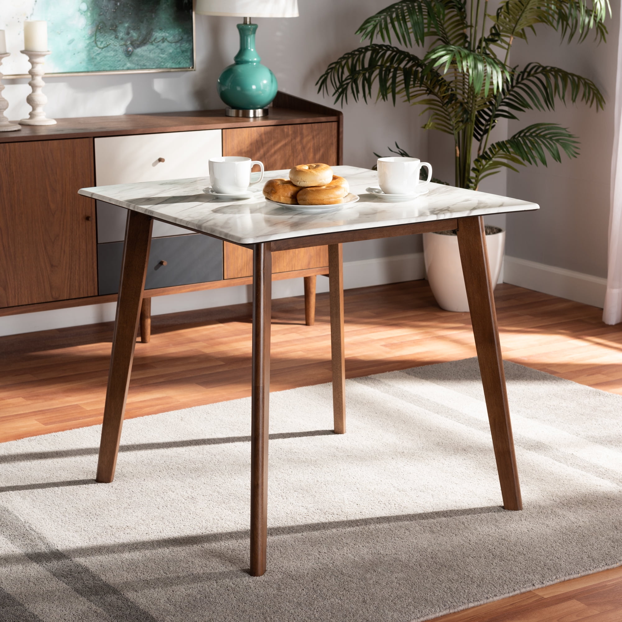 Baxton Studio Select Indoor Mid-Century Square Marble Dining Table, Walnut Brown/White - Walmart.com