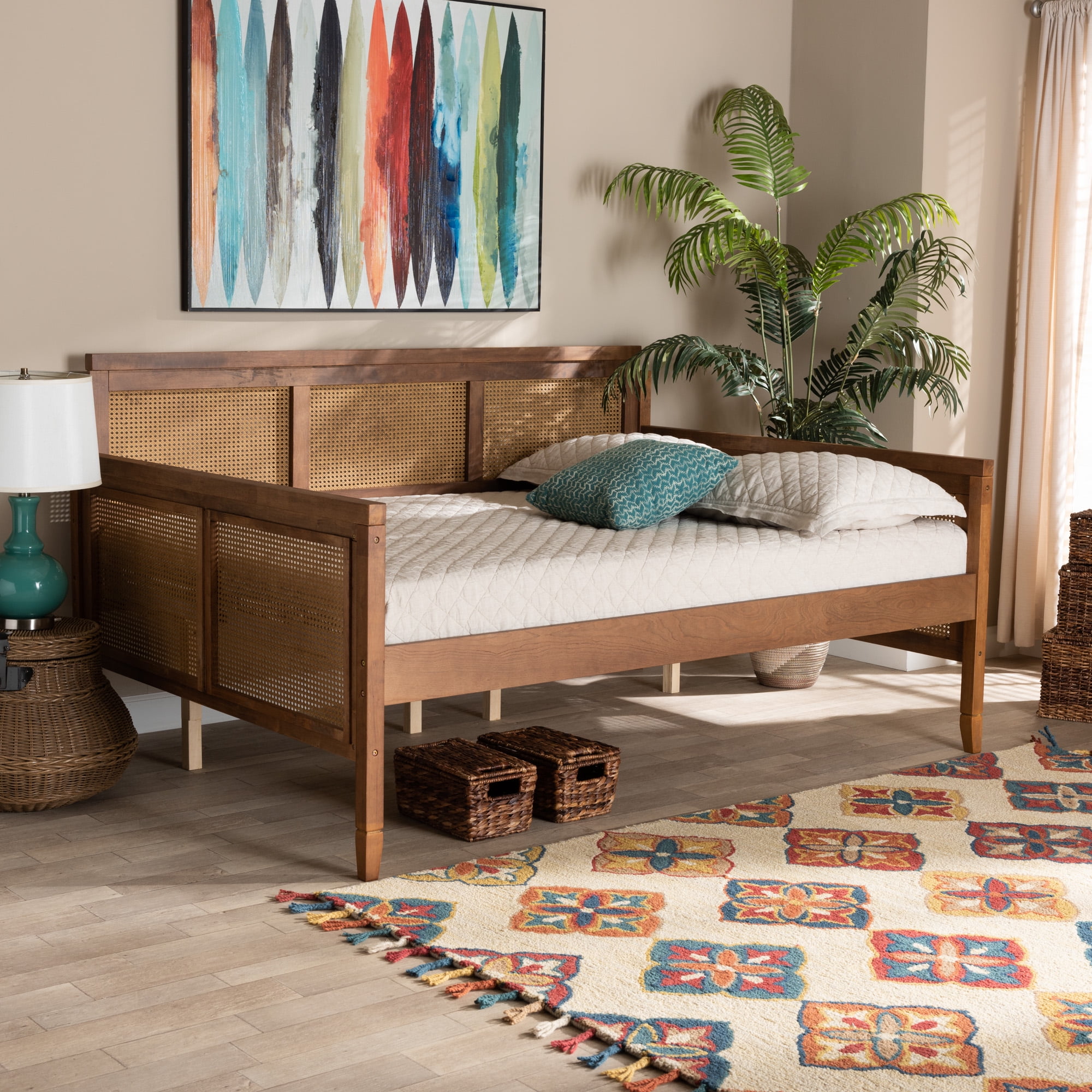 Baxton Studio Select Vintage Rubberwood Full Daybed with Woven Rattan Ash Walnut