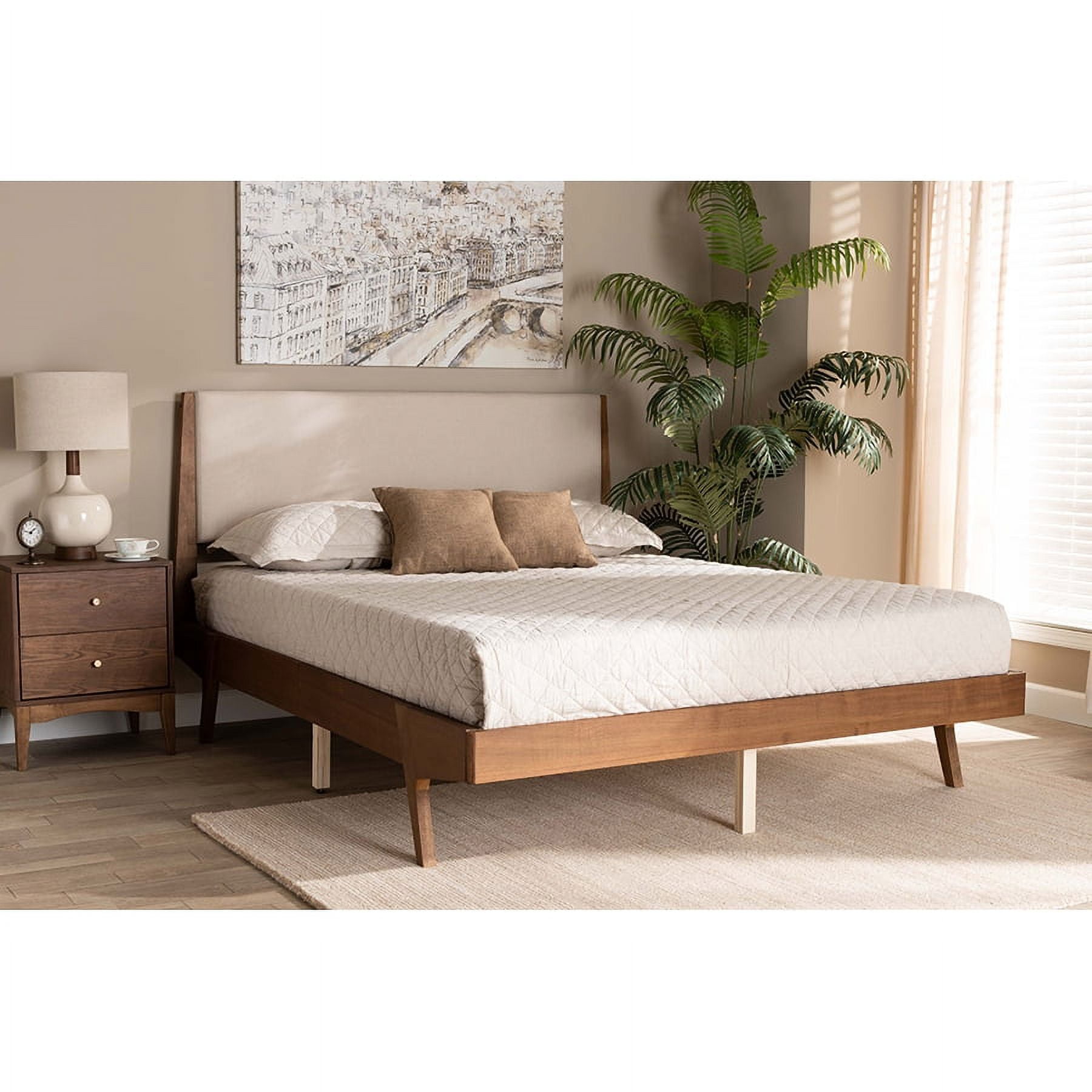 Baxton Studio Senna Mid-Century Modern Beige Fabric Upholstered and Walnut Brown Finished Wood Queen Size Platform Bed Baxton Studio Senna Mid-Century Modern Beige Fabric Upholstered and Walnut Brown Finished Wood Queen Size Platform Bed
