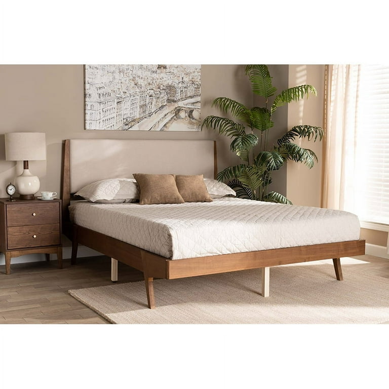 Baxton Studio Senna Mid-Century Modern Beige Fabric Upholstered and Walnut Brown Finished Wood Queen Size Platform Bed Baxton Studio Senna Mid-Century Modern Beige Fabric Upholstered and Walnut Brown Finished Wood Queen Size Platform Bed