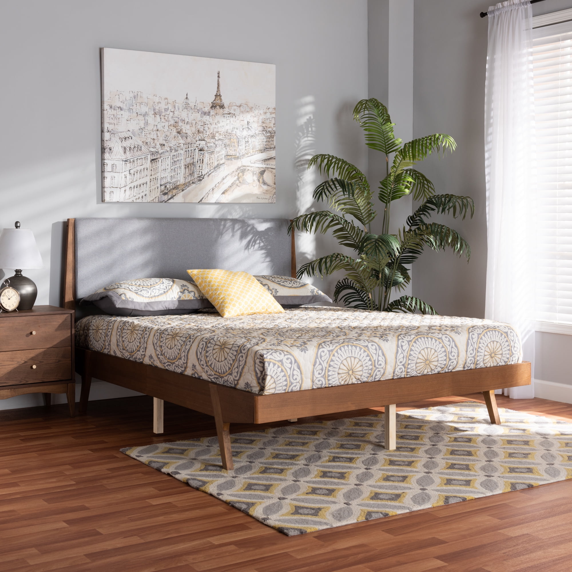 Baxton Studio Sennae Mid-Century Modern Grey Fabric Upholstered and Walnut Brown Finished Wood King Size Platform Bed