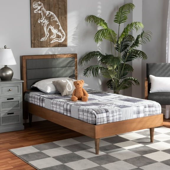 Baxton Studio Seren Mid-Century Modern Dark Grey Fabric Upholstered and Walnut Brown Finished Wood Twin Size Platform Bed