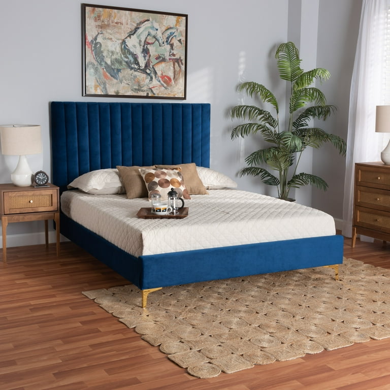 Baxton Studio Serrano Contemporary Glam and Luxe Navy Blue Velvet Fabric Upholstered and Gold Metal King Size Platform Bed Baxton Studio Serrano Contemporary Glam and Luxe Navy Blue Velvet Fabric Upholstered and Gold Metal King Size Platform Bed