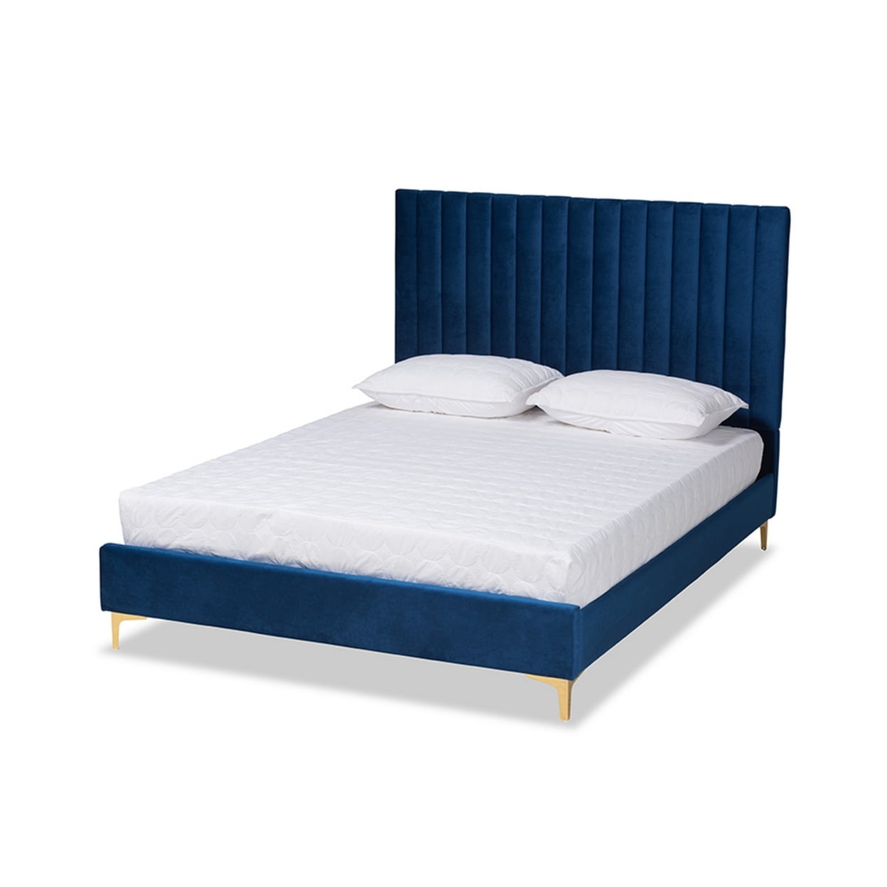 Luxurious Navy Blue Velvet Full/Double Platform Bed with Gold Metal Legs