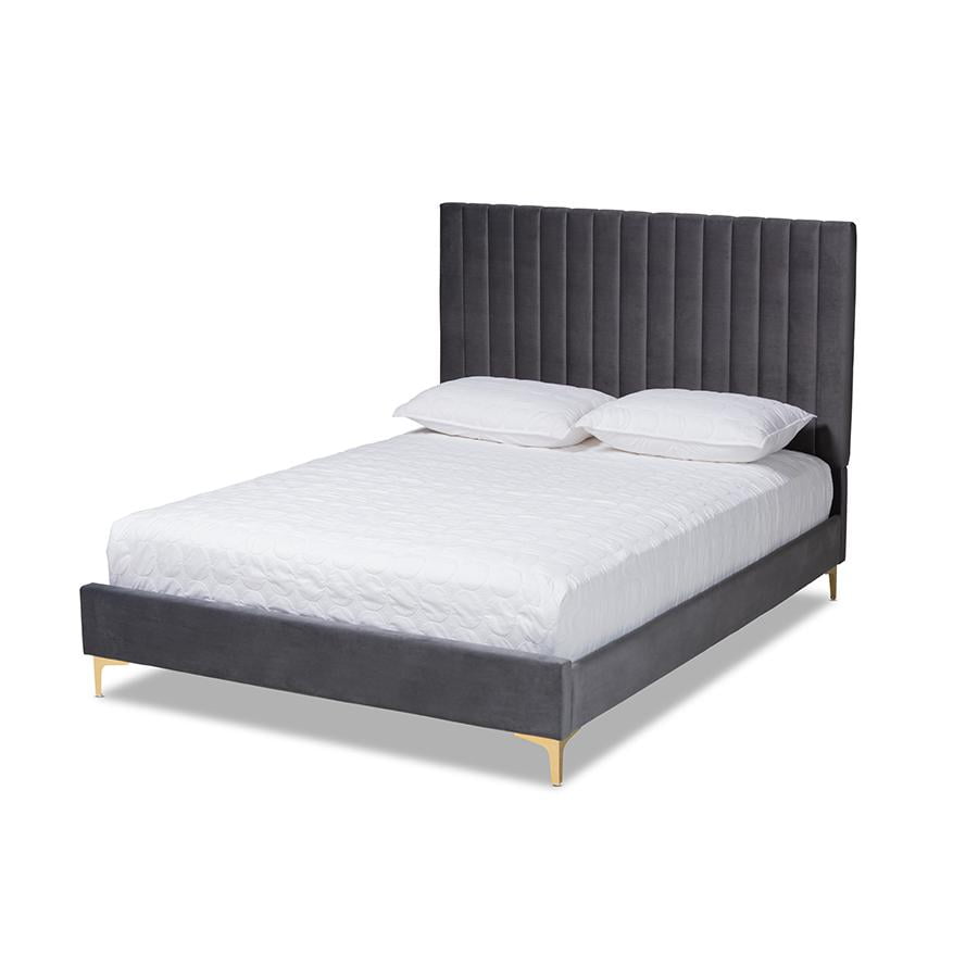 Serrano Blue Velvet Upholstered Queen Platform Bed with Gold Legs