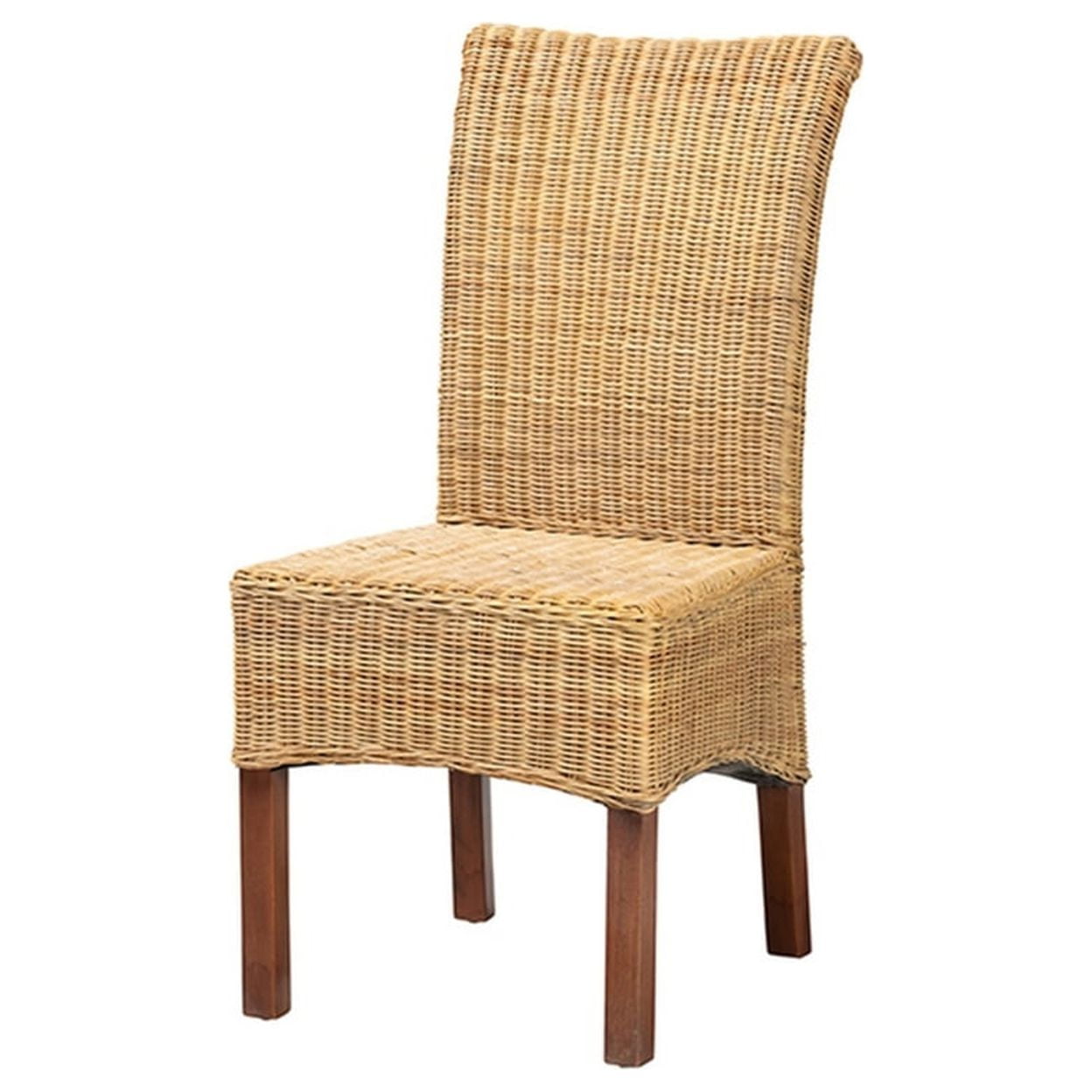 High Back Brown Rattan and Mahogany Dining Chair