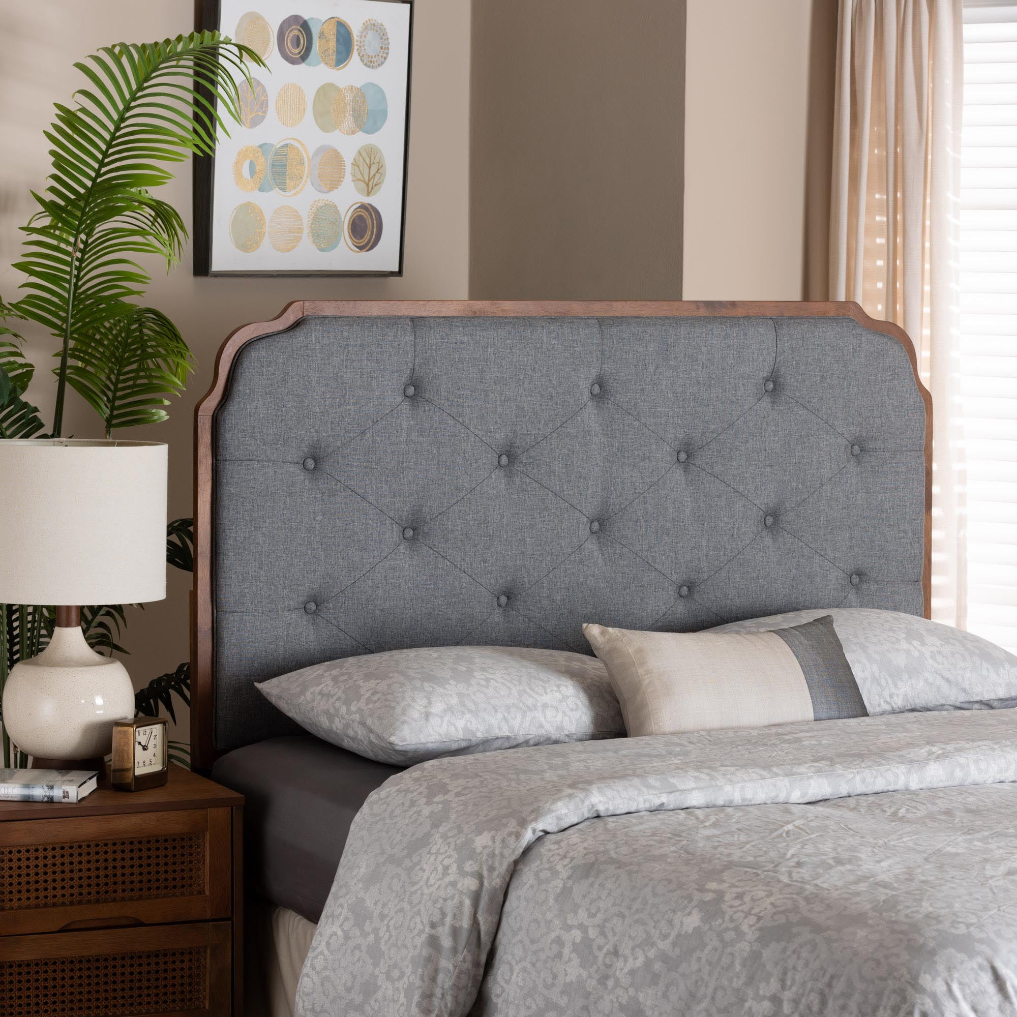 Baxton Studio Shanti Classic and Traditional Grey Fabric and Walnut Brown Finished Wood King Size Headboard