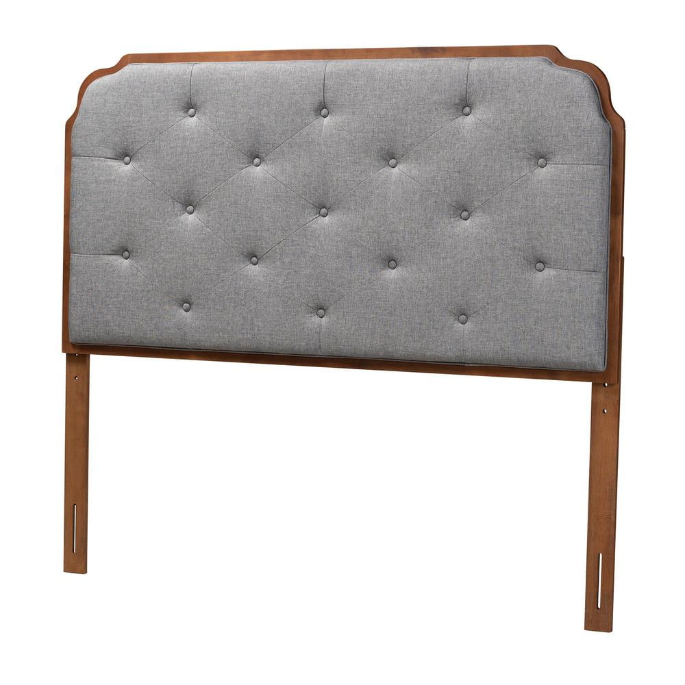 Gray Tufted Upholstered Queen Headboard with Walnut Wood Frame