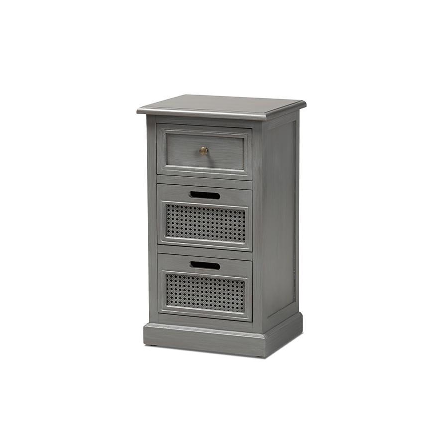 Sheldon Grey Wood and Synthetic Rattan 3-Drawer Nightstand
