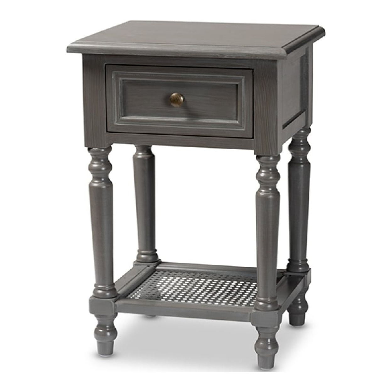 Vintage Grey Wood Nightstand with Brass Knob and Rattan Shelf