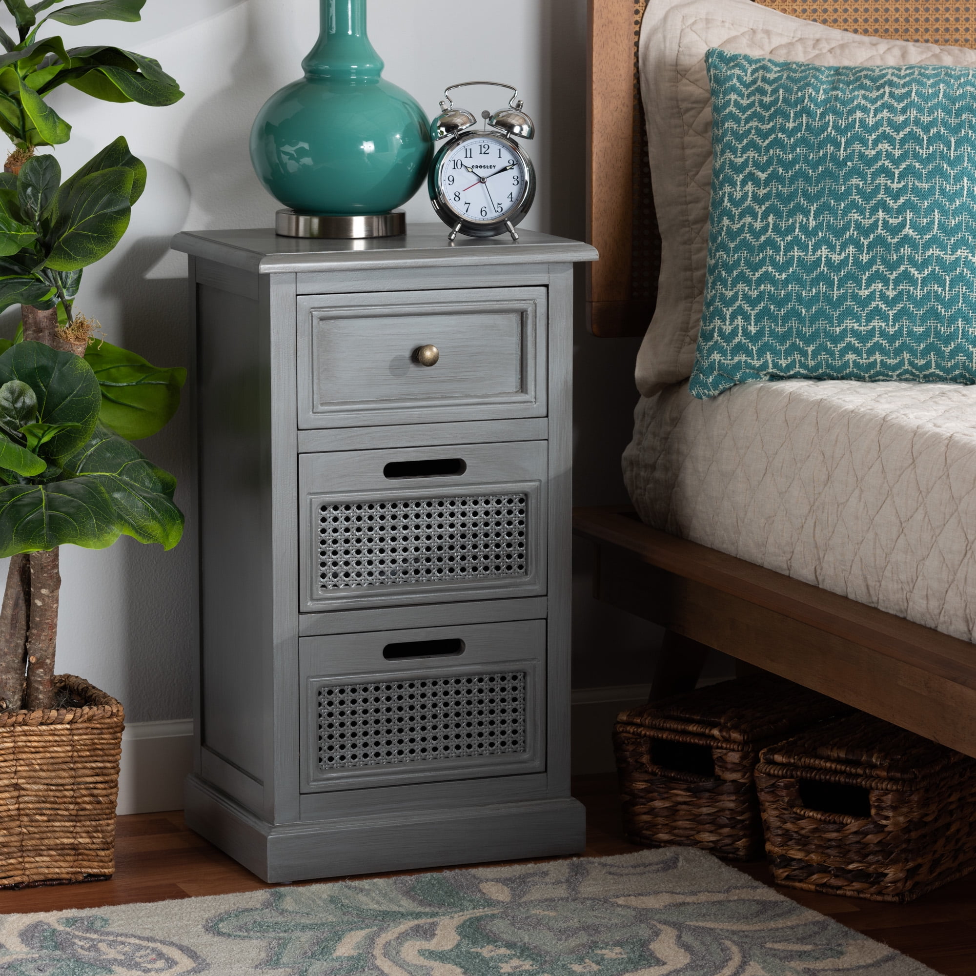 Baxton Studio Sheldon Modern and Contemporary Vintage Grey Finished Wood and Synthetic Rattan 3-Drawer Nightstand