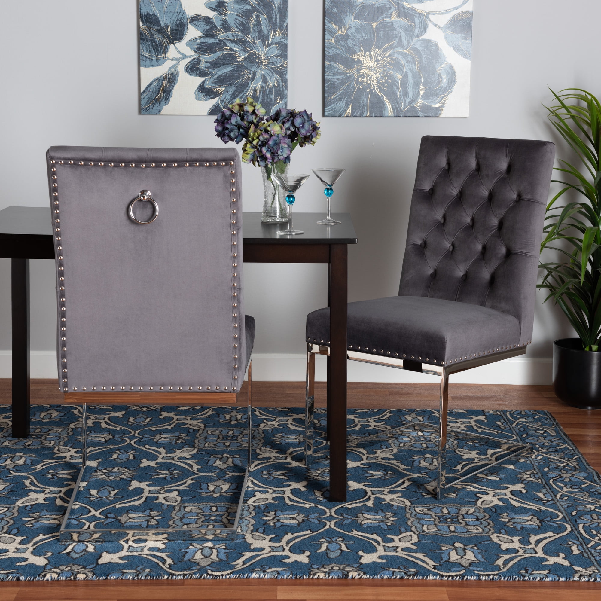 Baxton Studio Sherine Contemporary Glam and Luxe Grey Velvet Fabric and Silver Metal 2-Piece Dining Chair Set