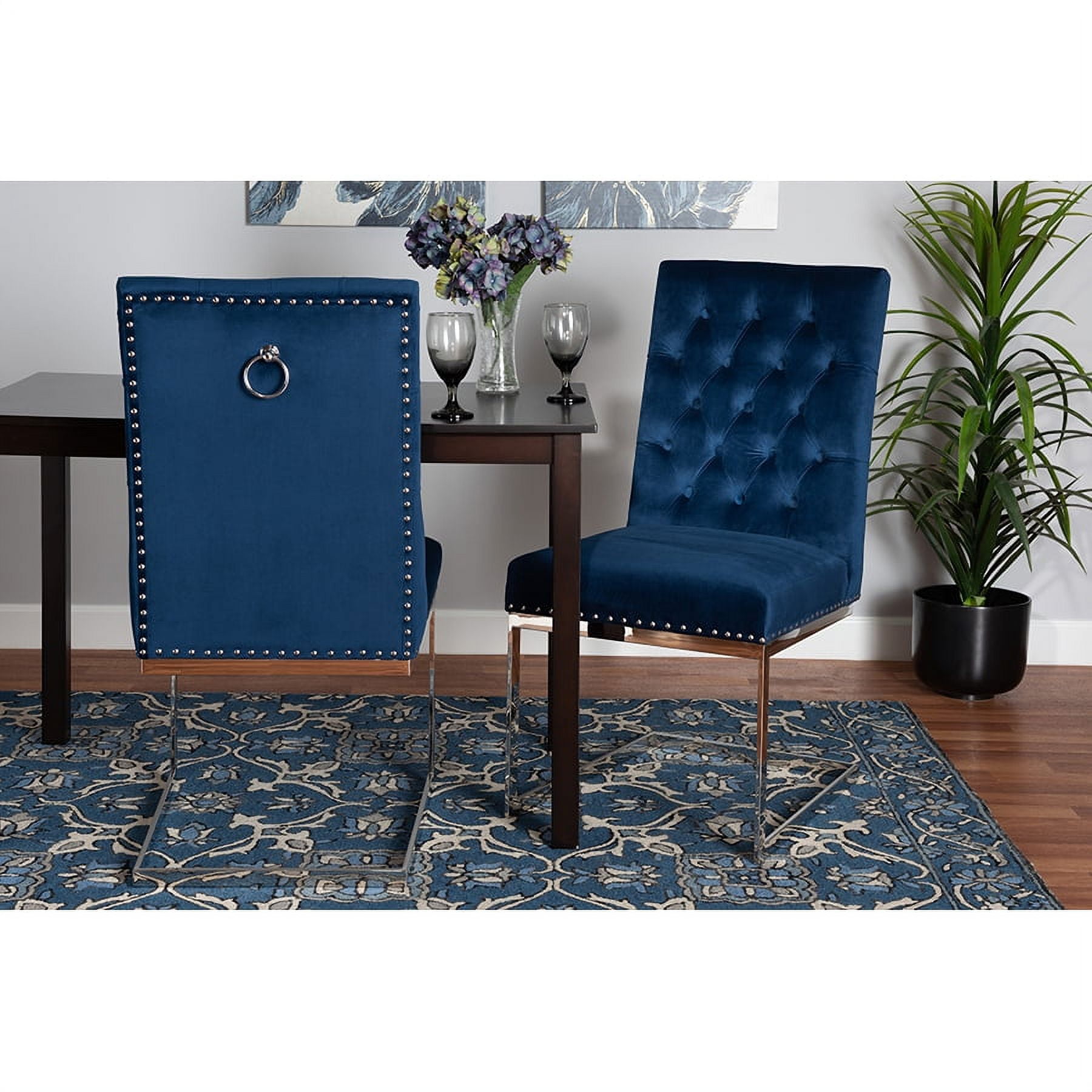 Navy Blue Velvet Upholstered Dining Chair with Silver Metal Frame
