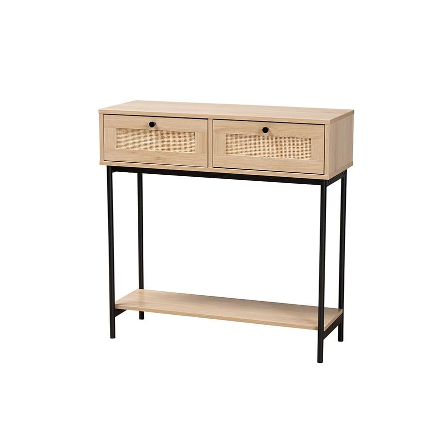 Sherwin Light Brown and Black 2-Drawer Console Table with Rattan Accent