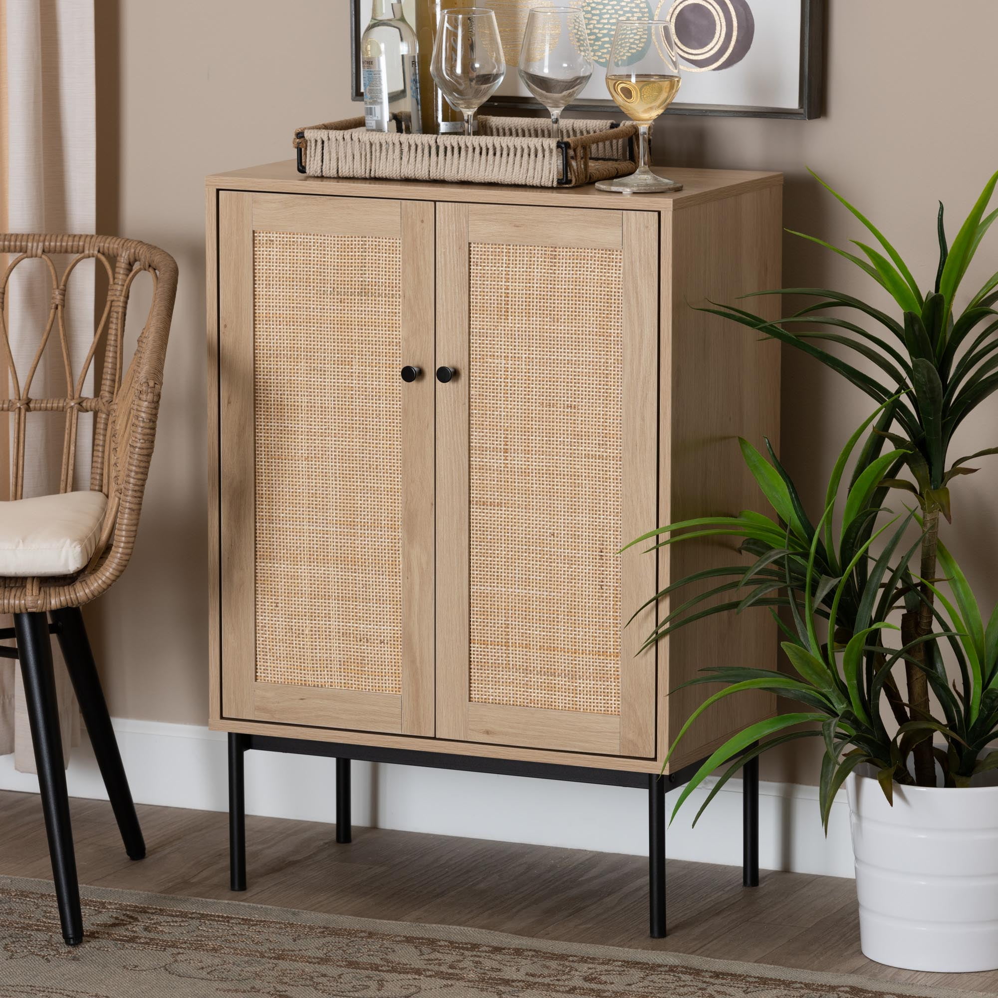 Baxton Studio Sherwin Mid Century Modern Light Brown and Black 2 Door Storage Cabinet with Woven Rattan Accent