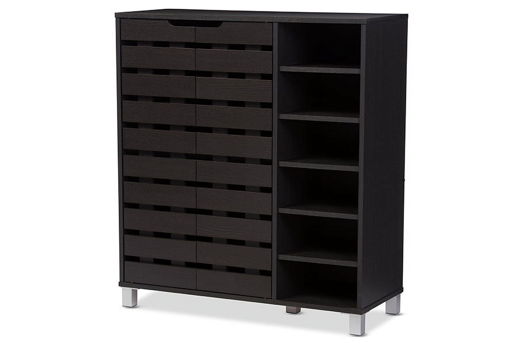 Shirley Dark Brown Wood and Metal 2-Door Shoe Cabinet with Open Shelves