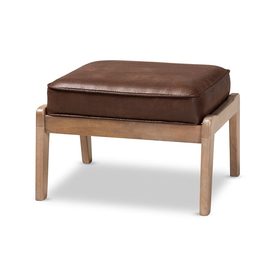 Antique Oak and Dark Brown Faux Leather Mid-Century Ottoman