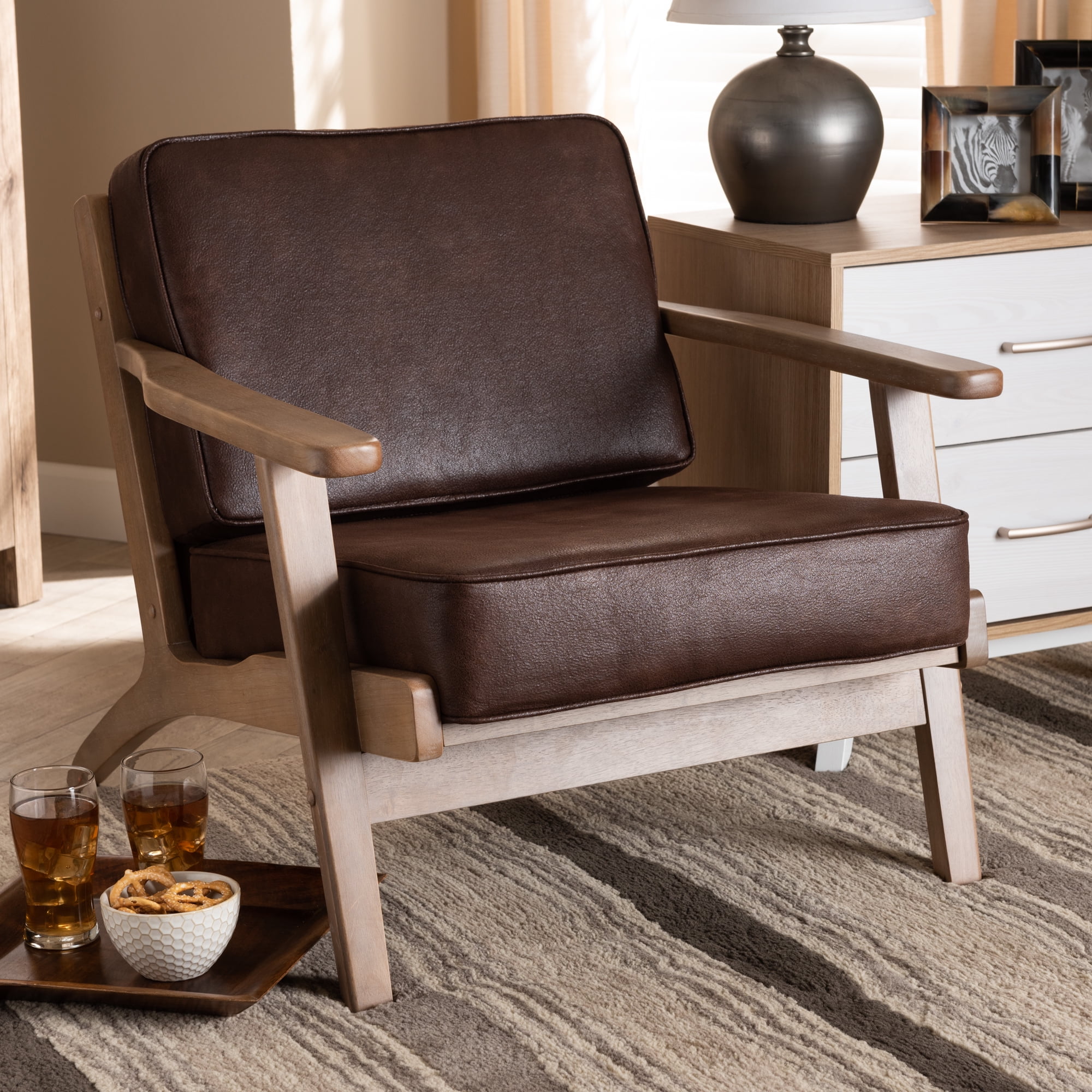 Baxton Studio Sigrid Mid Century Modern Dark Brown Faux Leather Effect Fabric Upholstered Antique Oak Finished Wood Armchair Walmart
