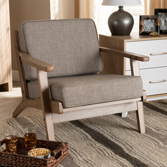 Baxton Studio Sigrid Mid-Century Modern Light Grey Fabric Upholstered Antique Oak Finished Wood Armchair