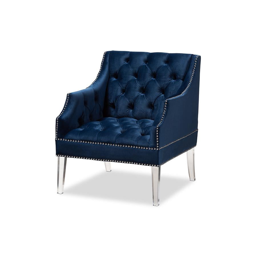 Elegant Navy Blue Velvet Lounge Chair with Clear Acrylic Legs