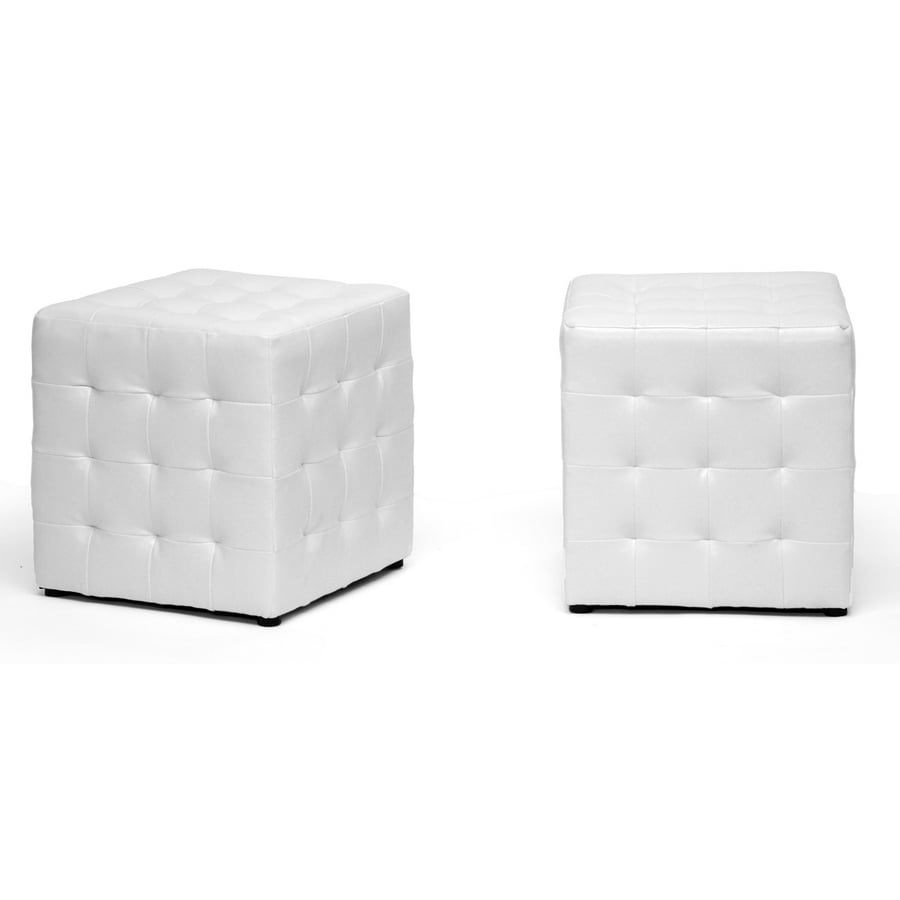 Chic White Faux Leather Tufted Cube Ottoman Pair