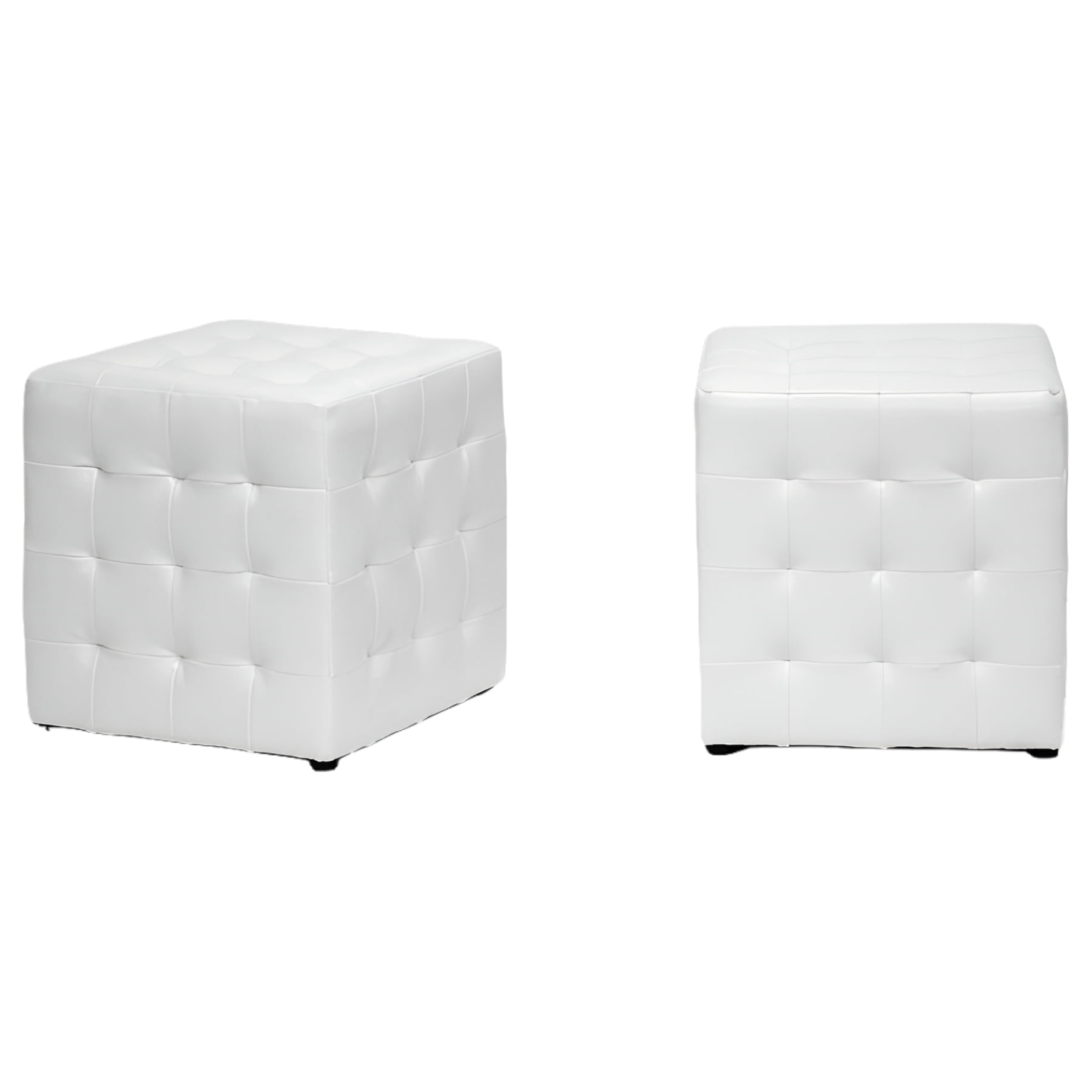 Chic White Faux Leather Tufted Cube Ottoman Pair