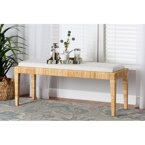 Baxton Studio Sofia Modern Bohemian Natural Brown Rattan and Mahogany Wood Bench