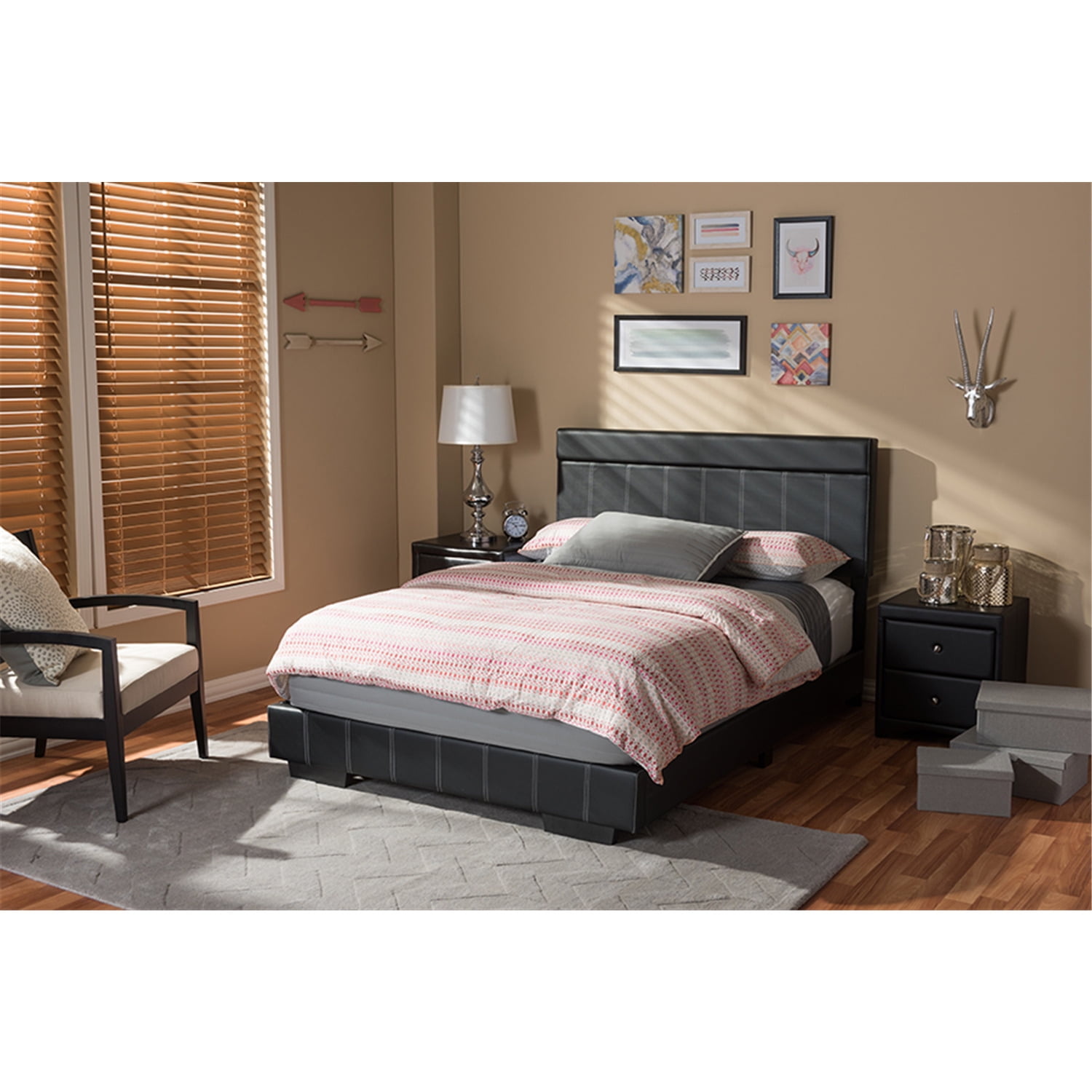Black Faux Leather Full Size Platform Bed with Upholstered Headboard