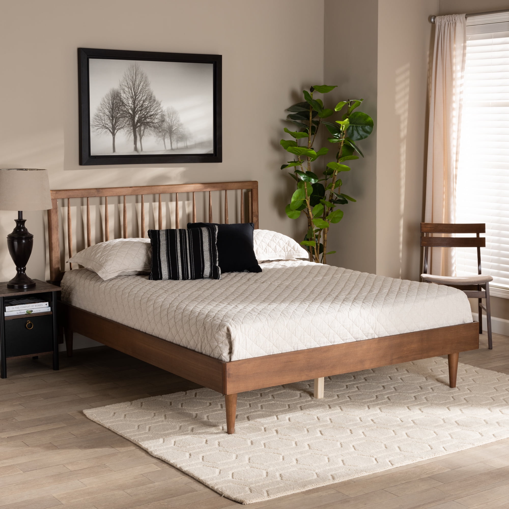 Baxton Studio Sora Mid-Century Wood Platform Bed, Queen, Ash Walnut