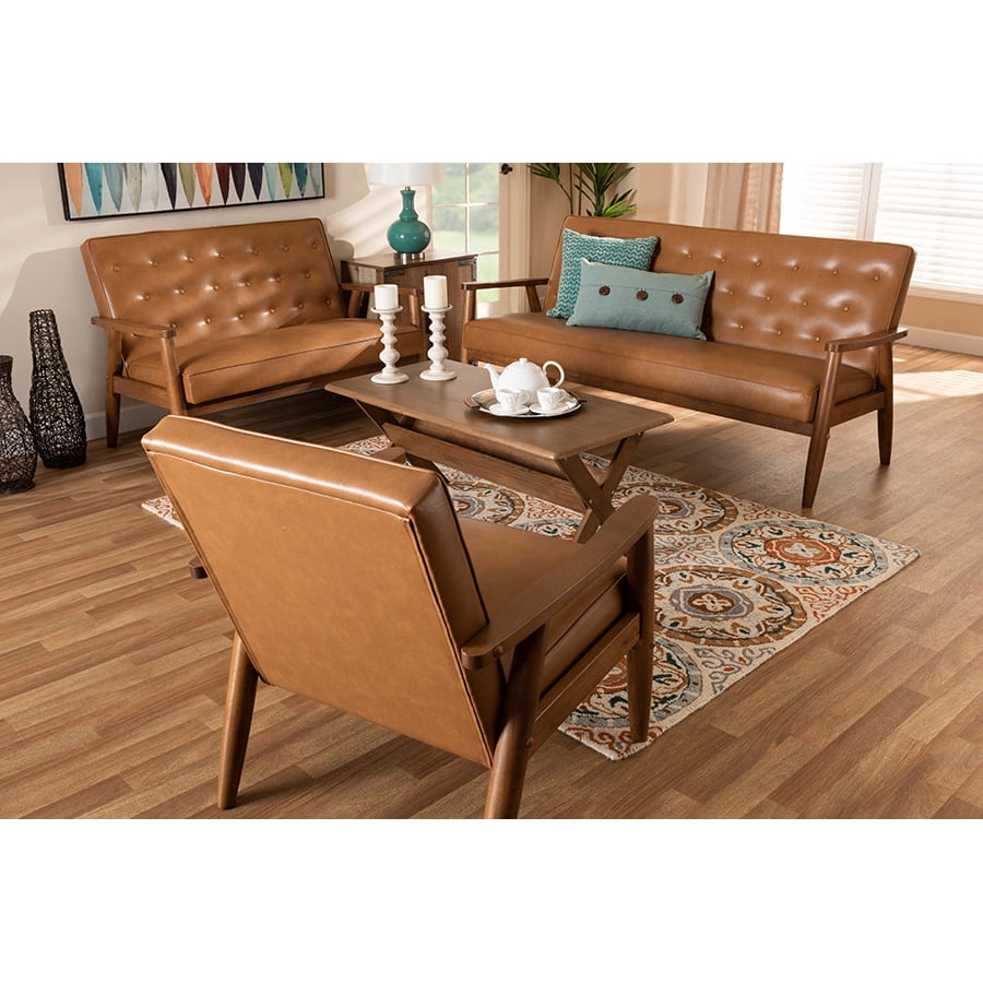 Sorrento Mid-Century Modern Tan Faux Leather and Walnut Wood 3-Piece Living Room Set